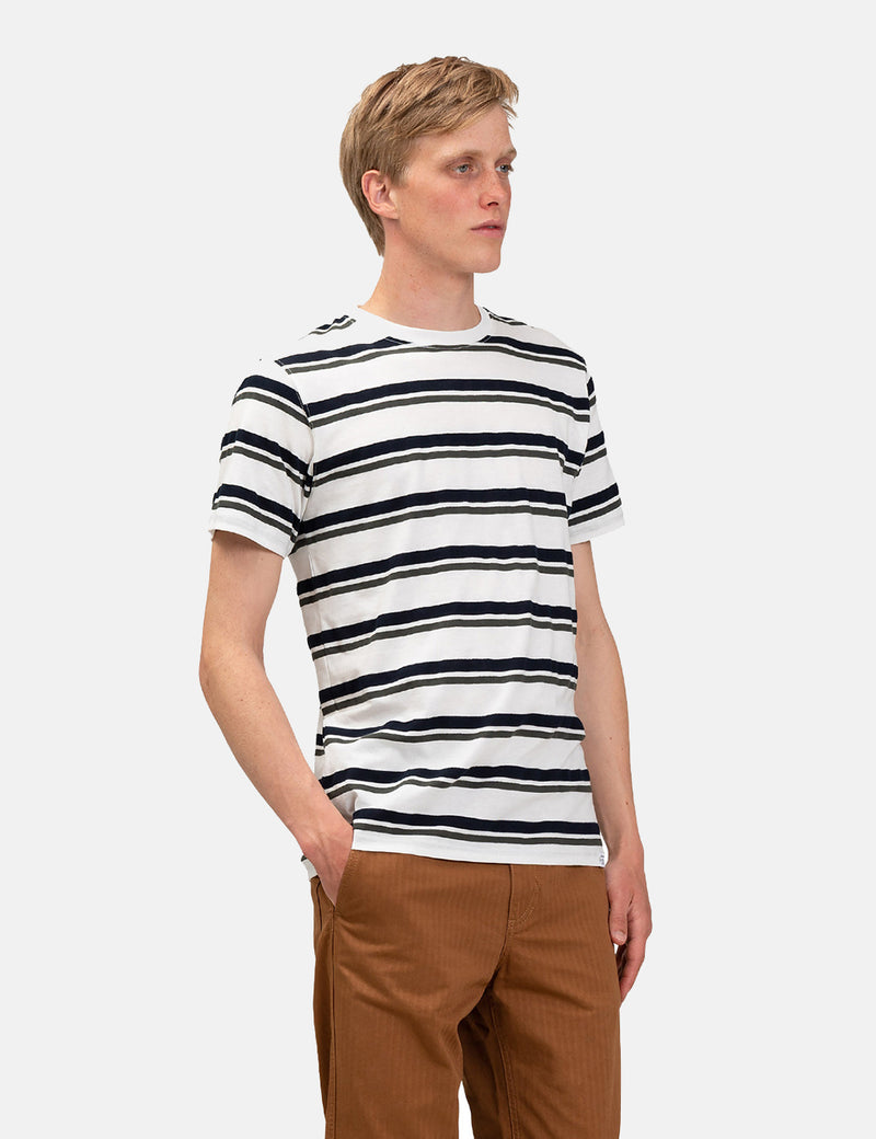 Norse Projects Niels Pique Stripe T-Shirt - Ivy Green/Dark Navy Blue
