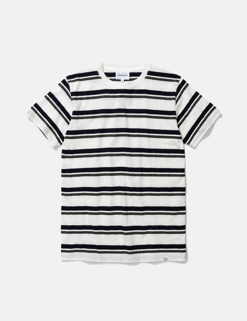 Norse Projects Niels Pique Stripe T-Shirt - Ivy Green/Dark Navy Blue