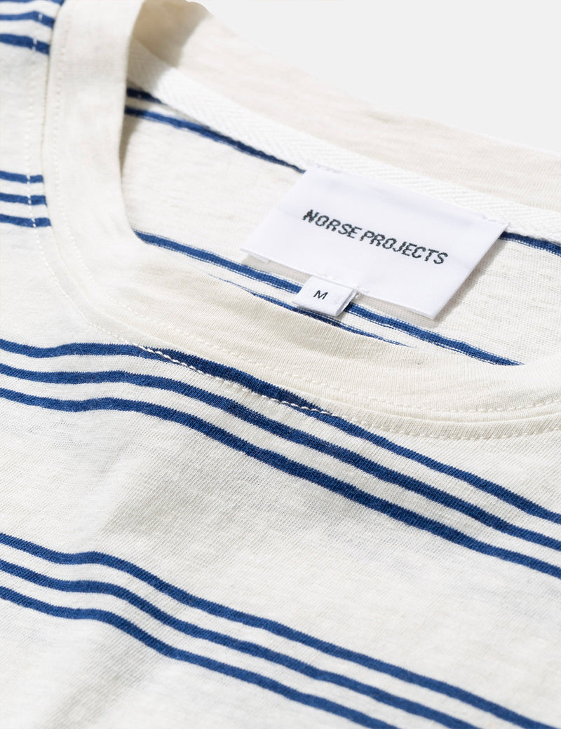 Norse Projects Johannes Cotton Linen Stripe T-Shirt - Twilight Blue