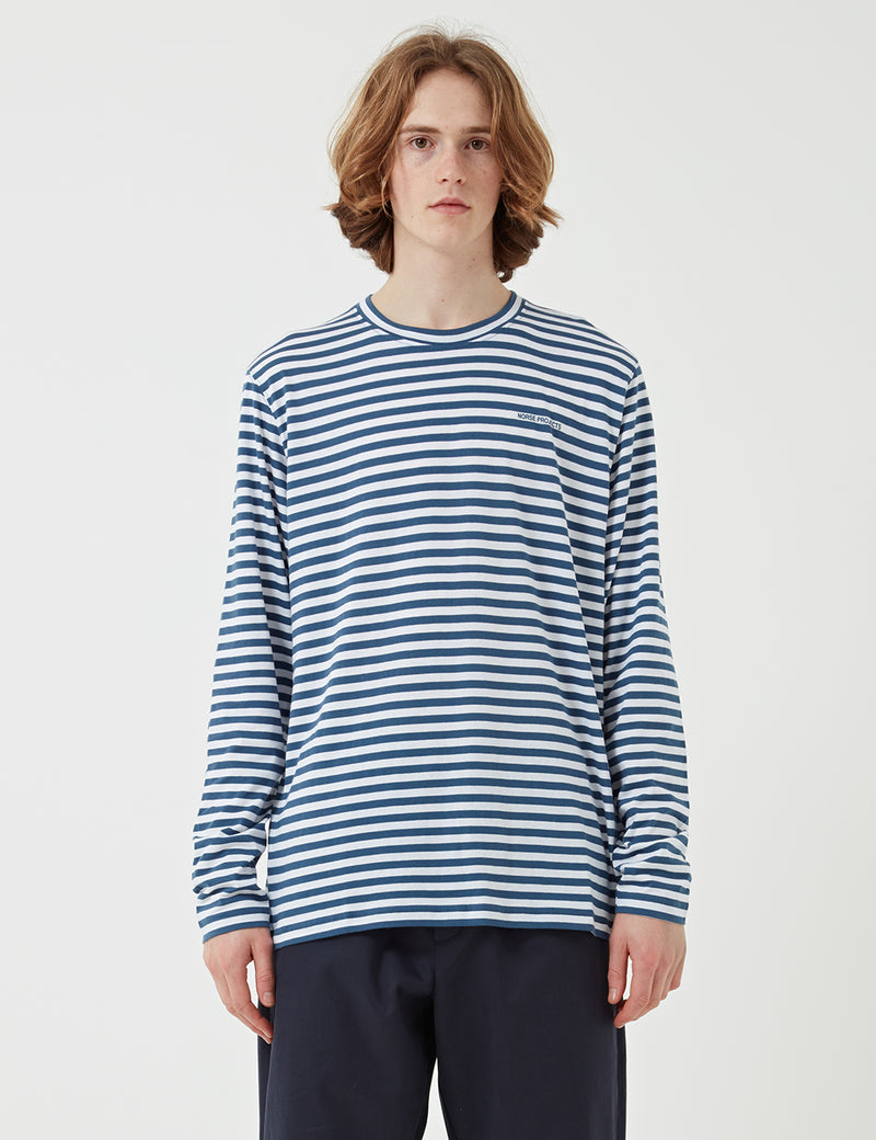Norse Projects James Logo Stripe Long Sleeve T-Shirt - Annodized Blue