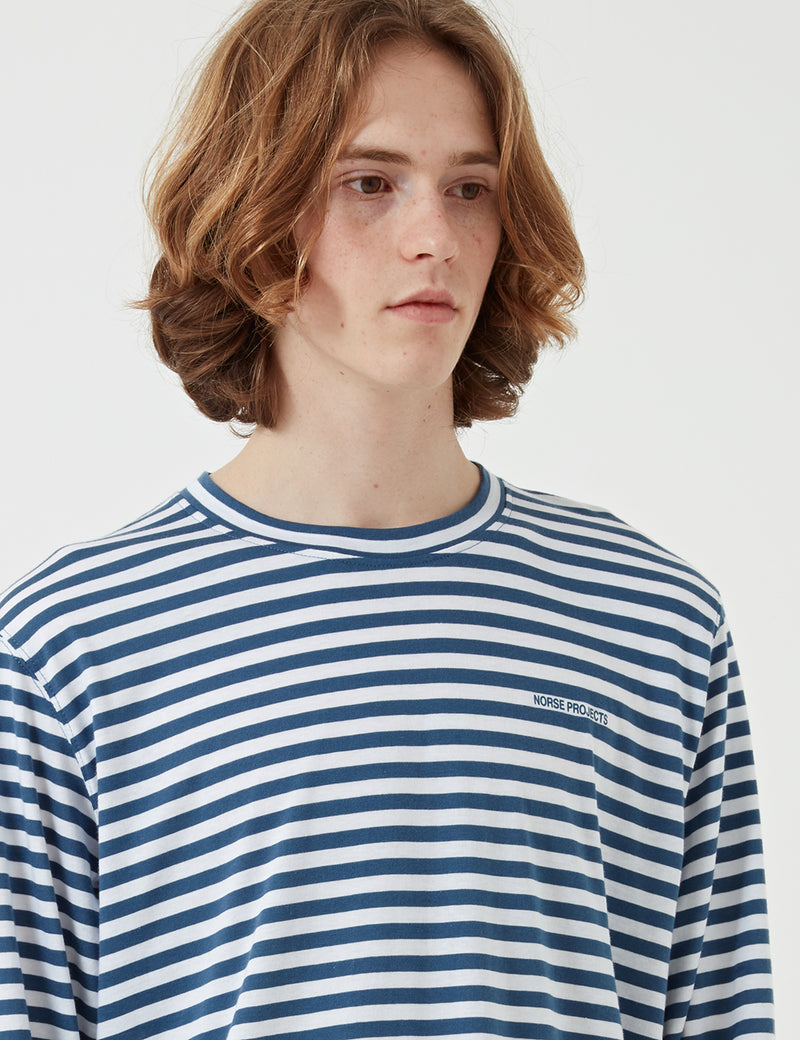 Norse Projects James Logo Stripe Long Sleeve T-Shirt - Annodized Blue