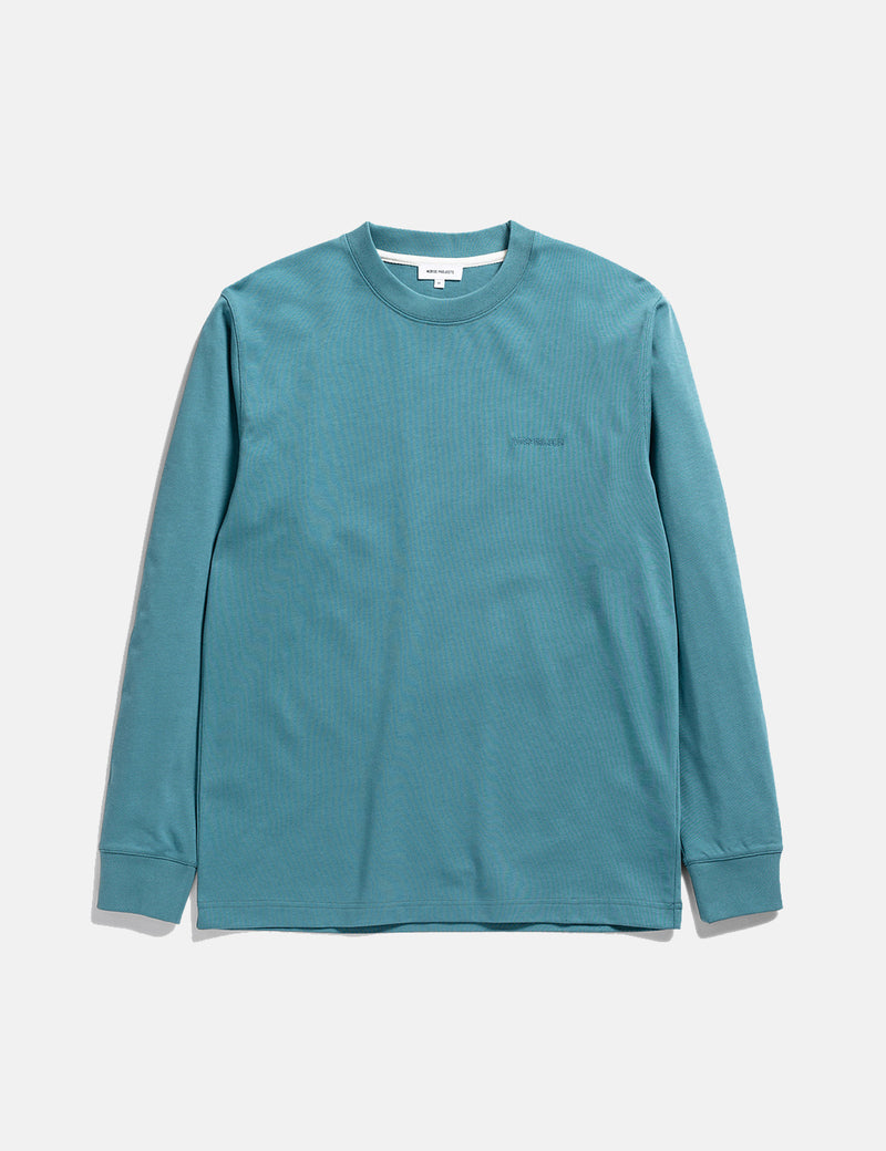 Norse Projects Johannes Heavy Logo Longsleeve T-Shirt - Sea Blue
