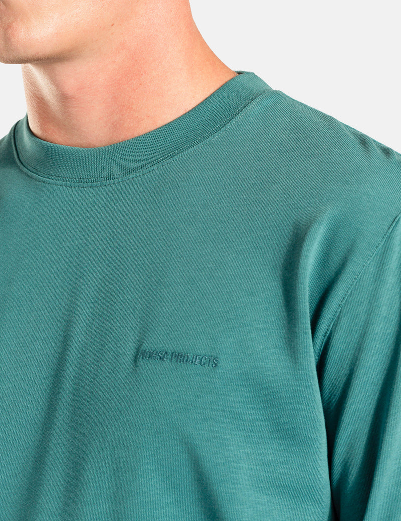 Norse Projects Johannes Heavy Logo Longsleeve T-Shirt - Sea Blue