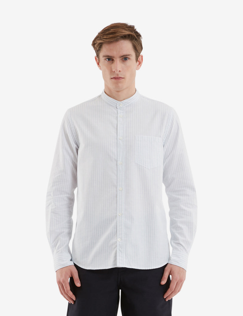 Norse Projects Hans Collarless Oxford Stripe Shirt - Pale Blue