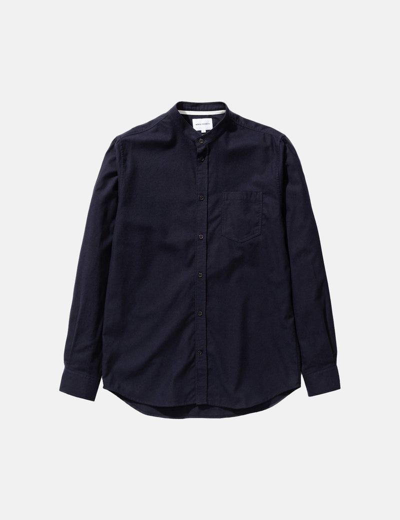 Norse Projects Hans Collarless Flannel Shirt - Dark Navy Blue