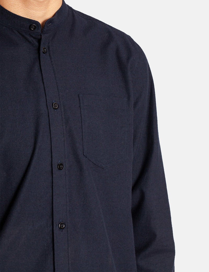 Norse Projects Hans Collarless Flannel Shirt - Dark Navy Blue