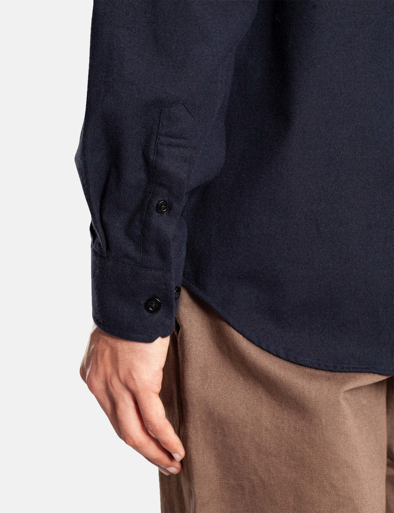 Norse Projects Hans Collarless Flannel Shirt - Dark Navy Blue