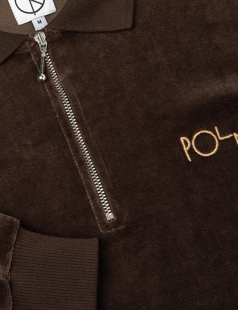 Polar Skate Co. Velours-Polo-Langarm-T-Shirt mit Reißverschluss – Braun