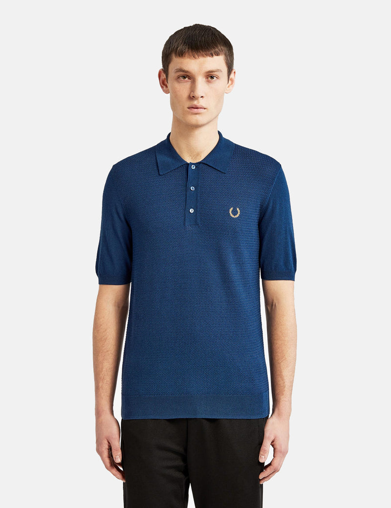 Fred Perry x Miles Kane Texture Panel Knitted Shirt - Deep Marine