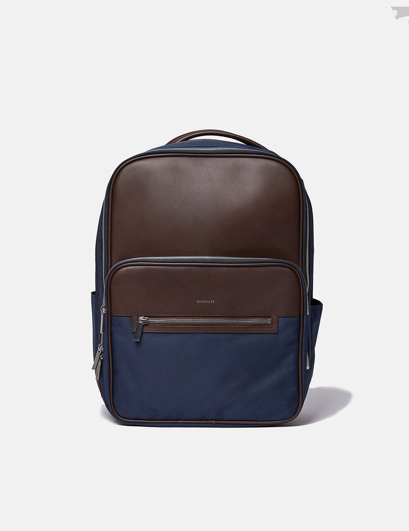 Sandqvist Folke Backpack (Leather/Polyester) - Navy Blue/Brown