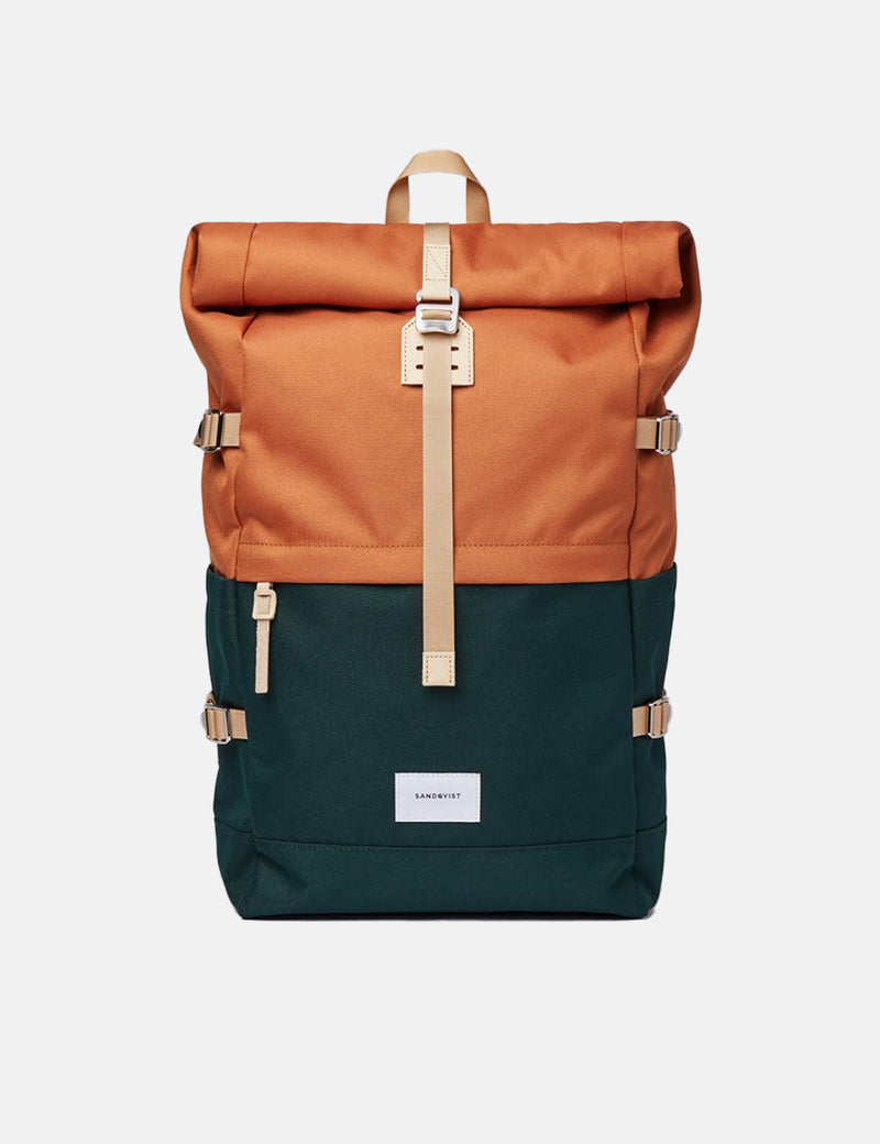 Sandqvist Bernt Rolltop Sac À Dos (Poly Recyclé) - Vert Foncé/Orange