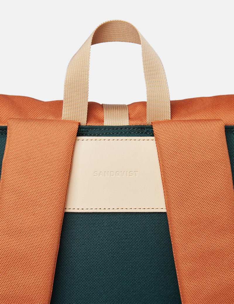 Sandqvist Ilon Rolltop Backpack (Recycled Poly) - Dark Green/Orange