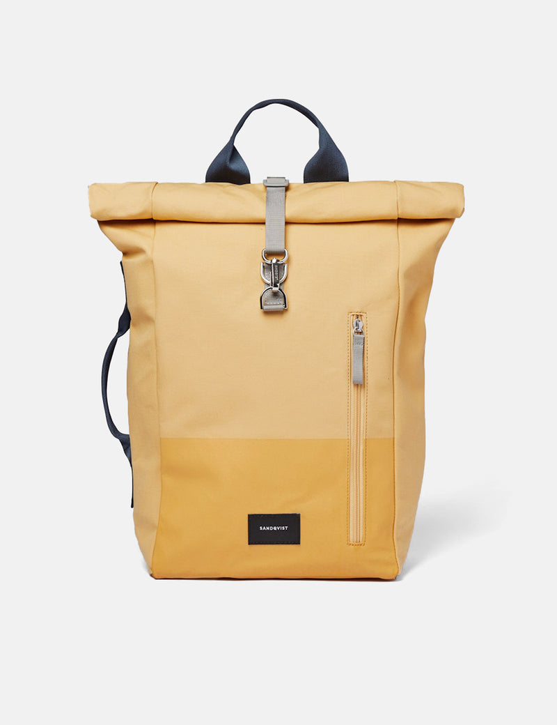 Sandqvist Dante Rolltop Backpack (Vegan) - Yellow Leaf/Navy Blue