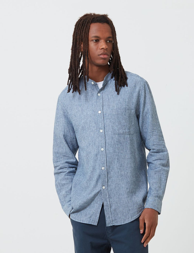 Portuguese Flannel Latitude Grandad Collar Shirt - Blue