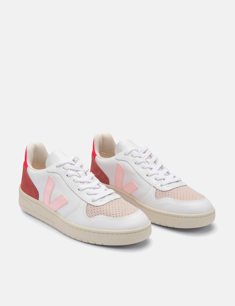 Womens Veja V-10 Leather Trainers - White/Petale/Rose Fluo