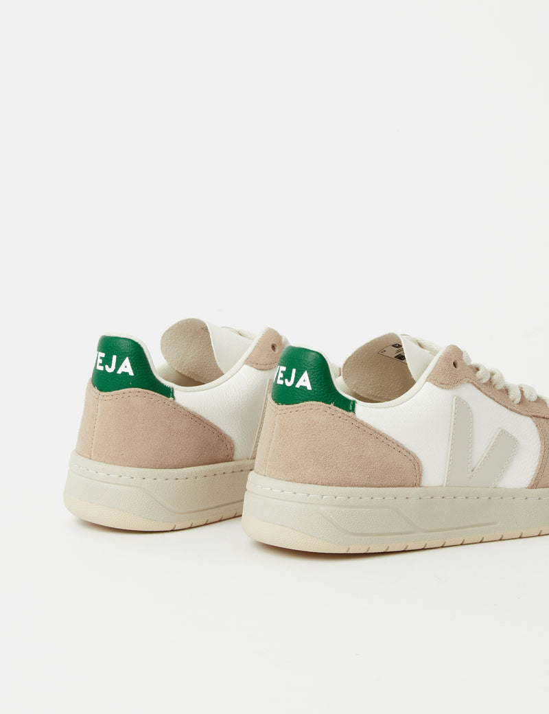 Women's Veja V-10 Leather Trainers (Chrome Free) - White/Sahara/Emerald