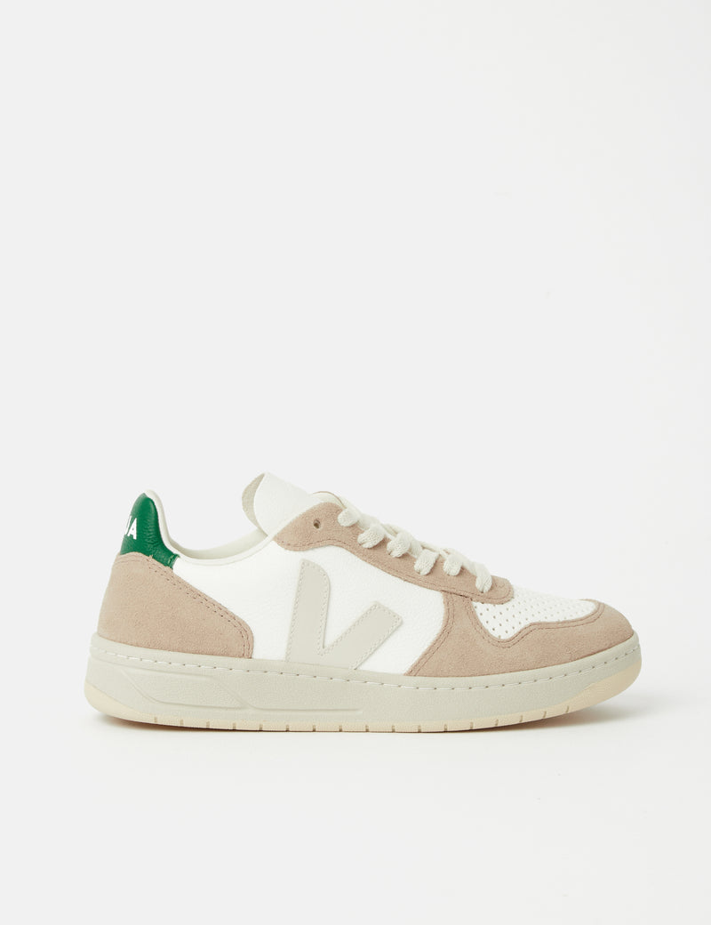 Women's Veja V-10 Leather Trainers (Chrome Free) - White/Sahara/Emerald