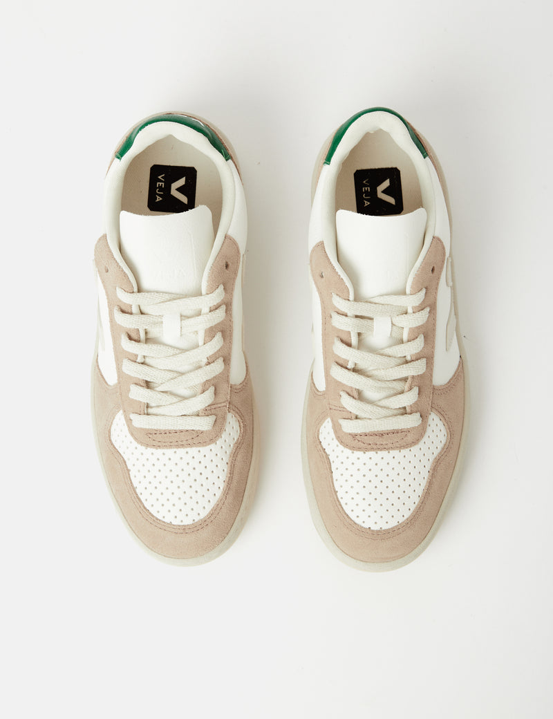 Women's Veja V-10 Leather Trainers (Chrome Free) - White/Sahara/Emerald