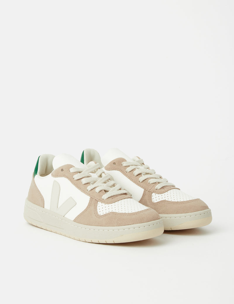 Women's Veja V-10 Leather Trainers (Chrome Free) - White/Sahara/Emerald