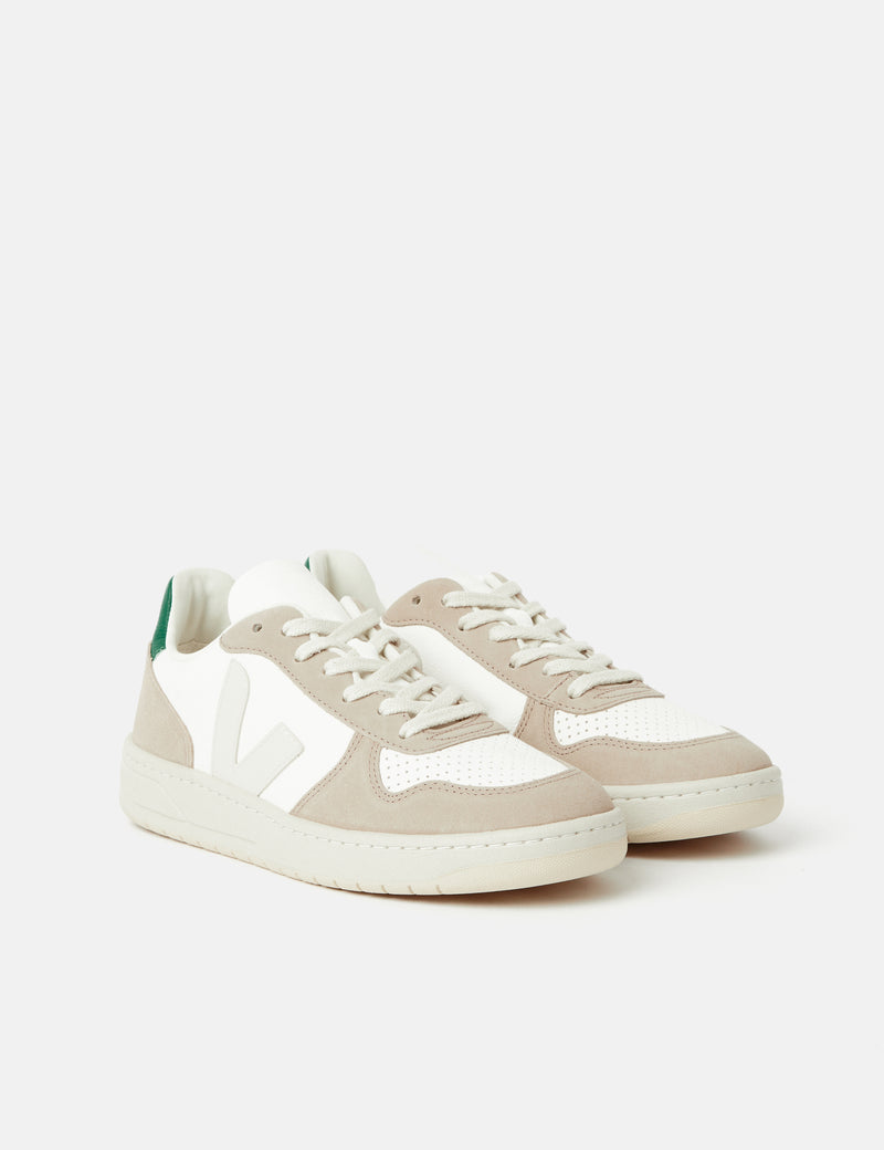 Veja V-10 Baskets En Cuir (Sans Chrome) - Blanc/Sahara/Émeraude