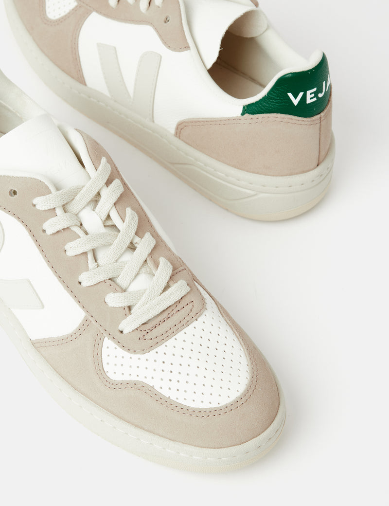 Veja V-10 Lederturnschuhe (Chromfrei) - Weiß/Sahara/Smaragd