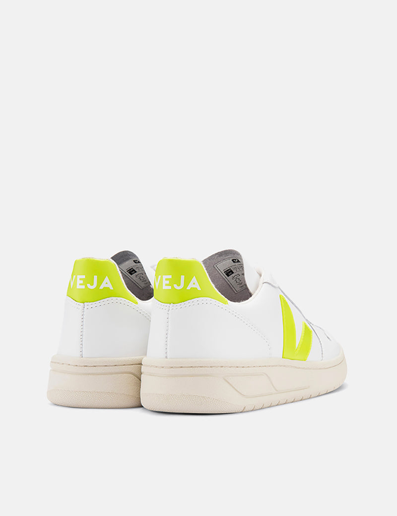 Veja V-10 Leather Trainers - Extra White/Jaune-Fluo