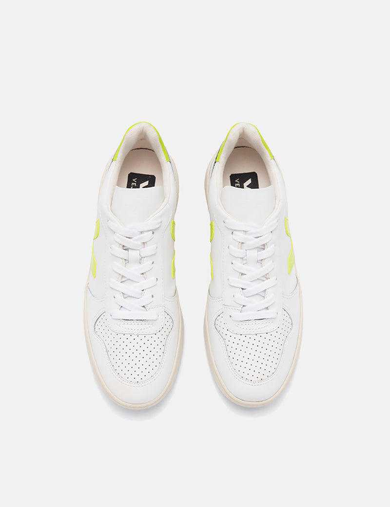 Veja V-10 Leather Trainers - Extra White/Jaune-Fluo