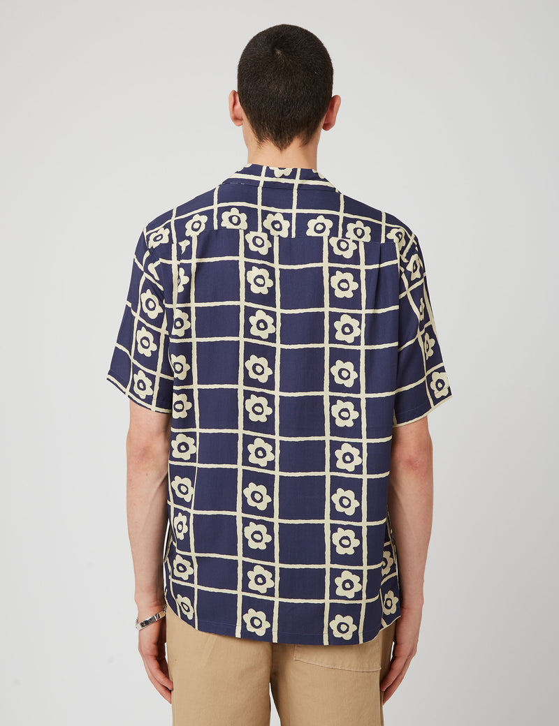 Portuguese FlannelスクエアフラワーSSシャツ-ブルー